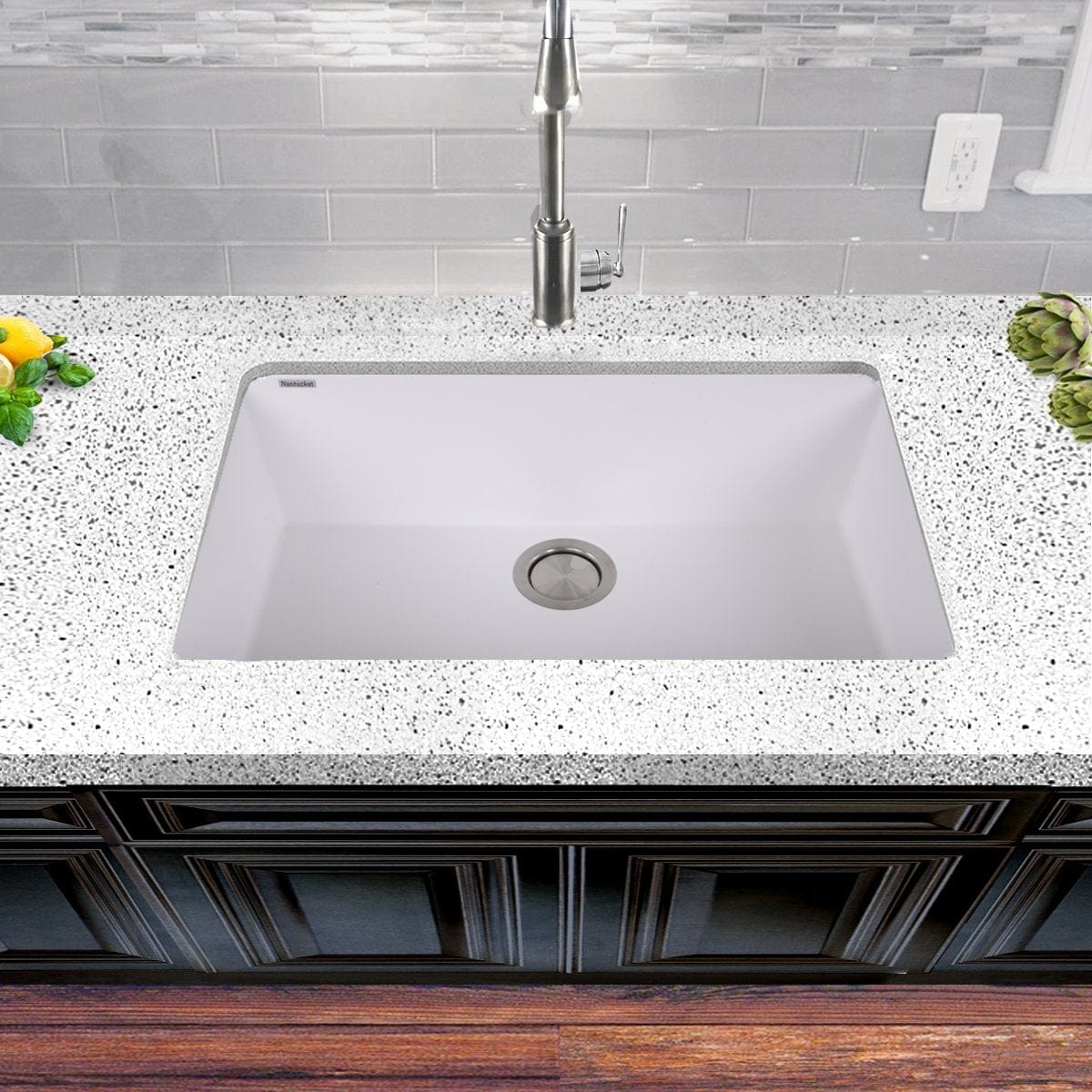 Nantucket Large Single Bowl Undermount Granite Composite White in a stylish kitchen setting.