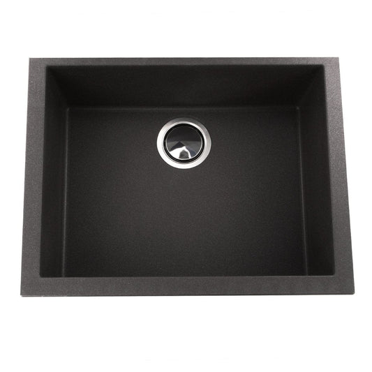 Elegant Black Compact Sink by Nantucket - Undermount Style, featuring a sleek black finish and modern drain design.