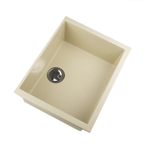 Sand-Finished Compact Kitchen Sink - Nantucket Undermount viewed from above with a sleek design and drain.