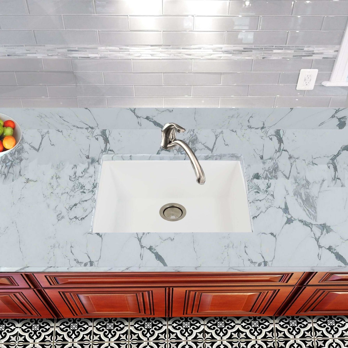 Compact White Undermount Sink - Nantucket Small Single Bowl installed on a marble countertop in a modern kitchen.