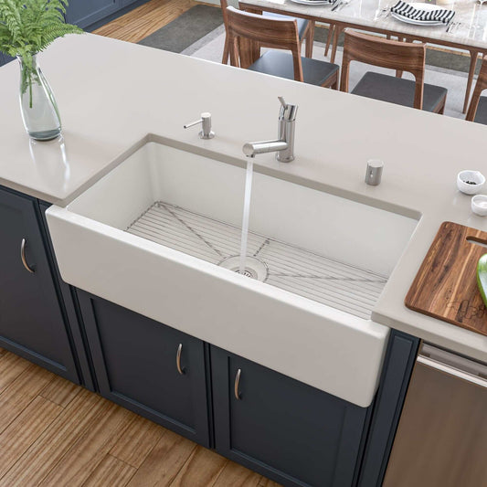 ALFI 36" White Reversible Smooth / Fluted Single Bowl Fireclay Farm Sink AB3618HS-W with water flowing.