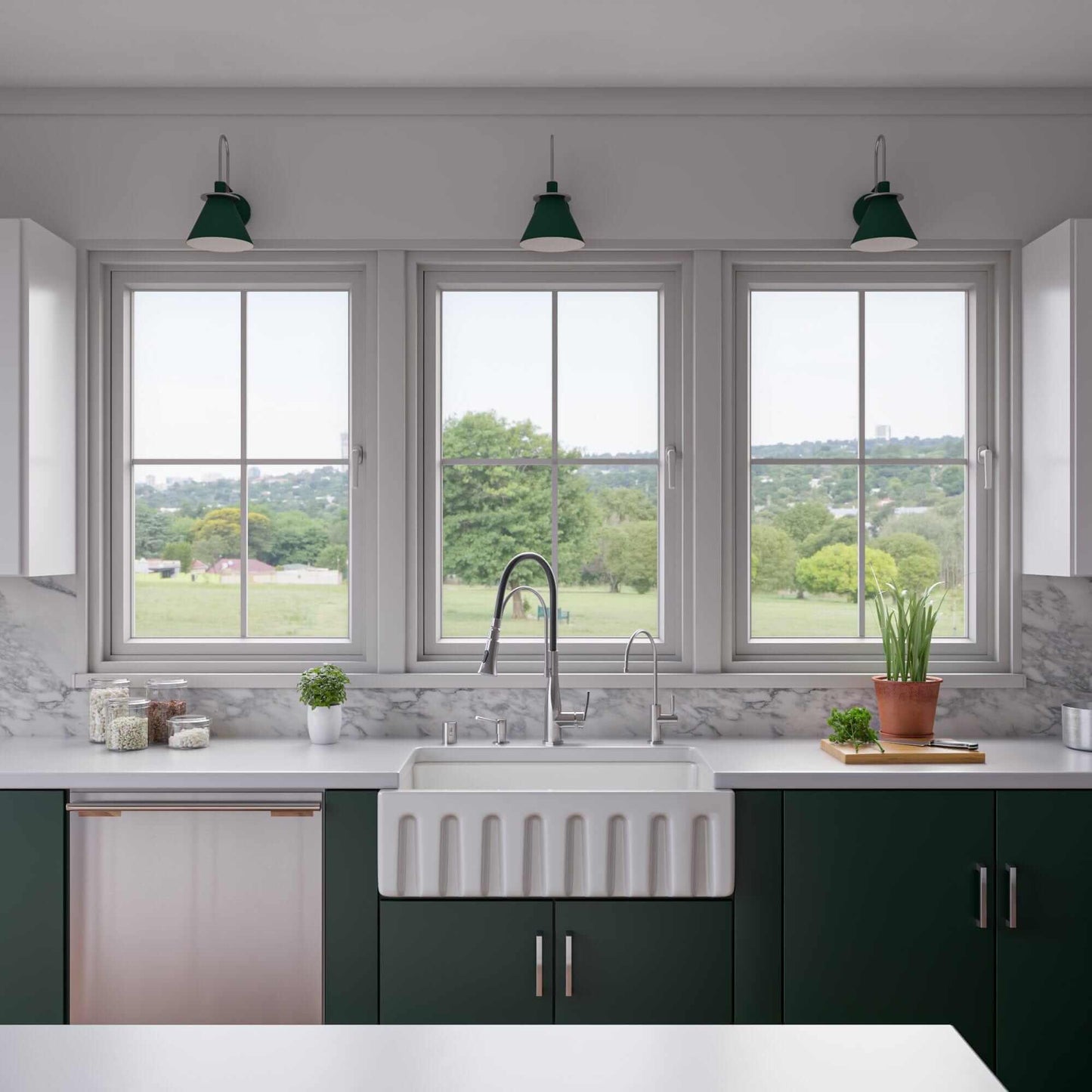ALFI 33" Reversible Fluted / Smooth Single Bowl Fireclay Farm Sink AB3318HS-W in a modern kitchen setting.