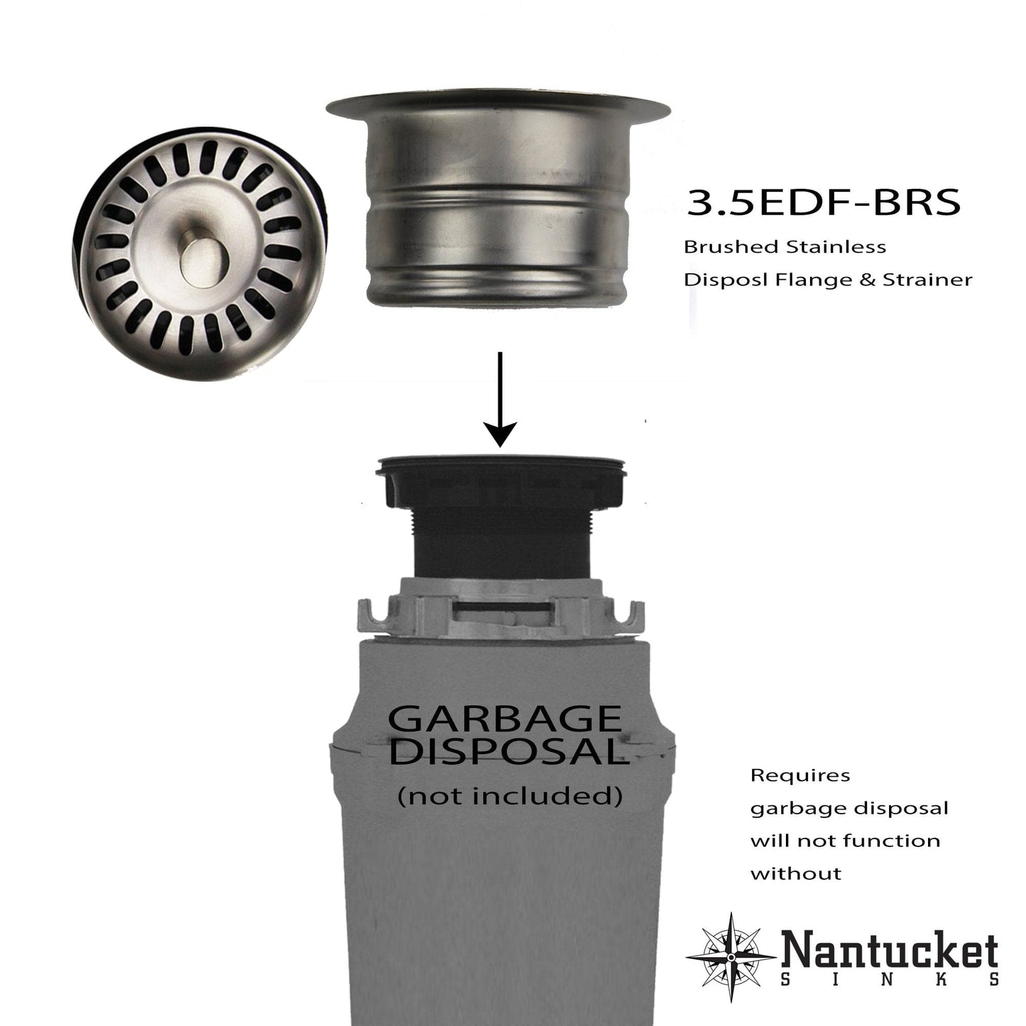 Nantucket 3.5" Extended Flange Disposal Kitchen Drain in Brushed Stainless - 3.5EDF-BRS, showcasing drain flange and strainer, top view.