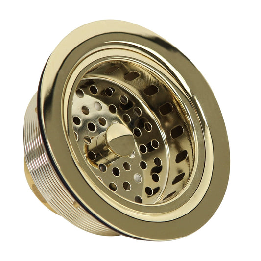 Nantucket 3.5" Polished Brass Kitchen Drain - 3.5 KDPB showcasing a shiny brass finish and stylish design.