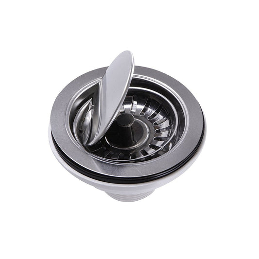 Nantucket Chrome Flip Top Crumb Cup Kitchen Drain - NS35LCC-CH with lid open and basket strainer visible.