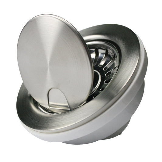 Nantucket Flip Top Crumb Cup Inch Kitchen Drain - NS35LCC with stainless steel lid and removable basket strainer.