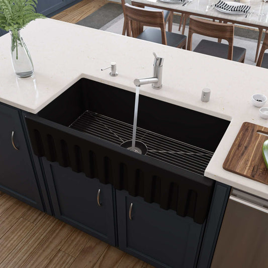 ALFI 36" Black Matte Reversible Smooth / Fluted Single Bowl Fireclay Farm Sink AB3618HS-BM in modern kitchen settings.