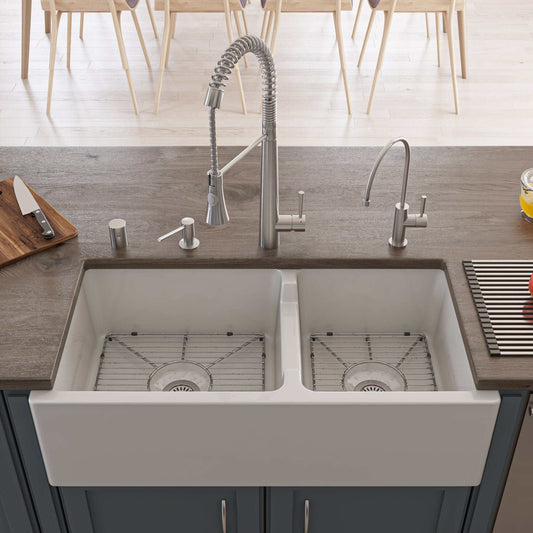ALFI 36" White Smooth Apron Thick Wall Fireclay Double Bowl Farm Sink AB3618DB-W installed in modern kitchen.