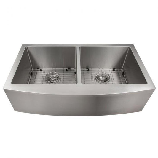 ZLINE Niseko Farmhouse 36" Apron Mount Double Bowl Sink in Stainless Steel (SA50D-36) top view with dual basins.