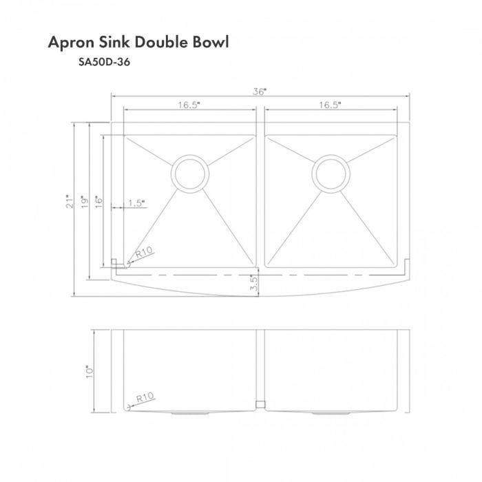 ZLINE Niseko Farmhouse 36" Apron Mount Double Bowl Sink in Stainless Steel (SA50D-36) dimension diagram