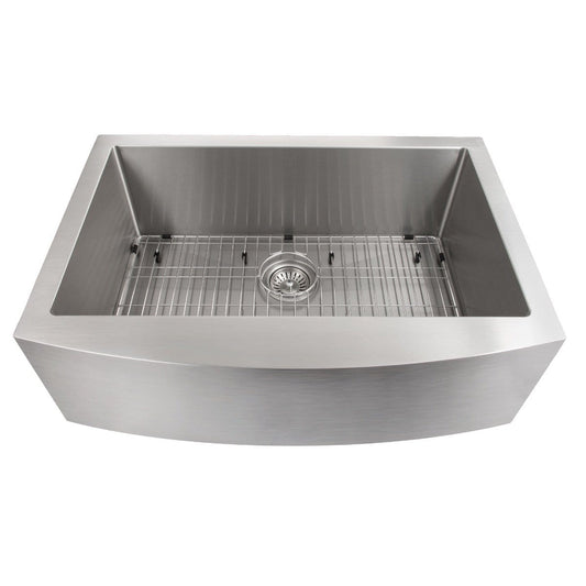 ZLINE Vail Farmhouse 33" Apron Mount Single Bowl Sink in Stainless Steel (SAS-33) with grid insert.