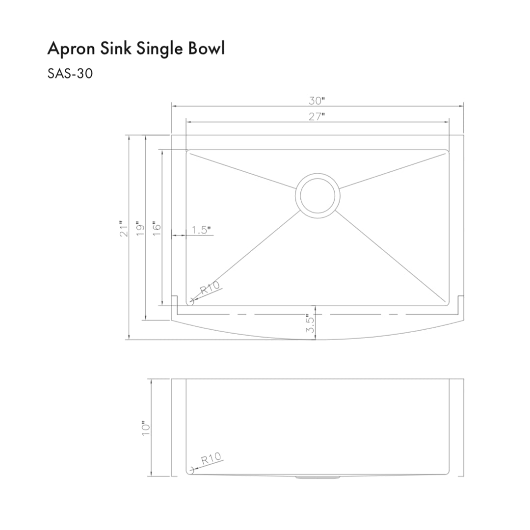ZLINE Zermatt Farmhouse 30" Apron Mount Single Bowl Sink in Stainless Steel (SAS-30) dimensions diagram