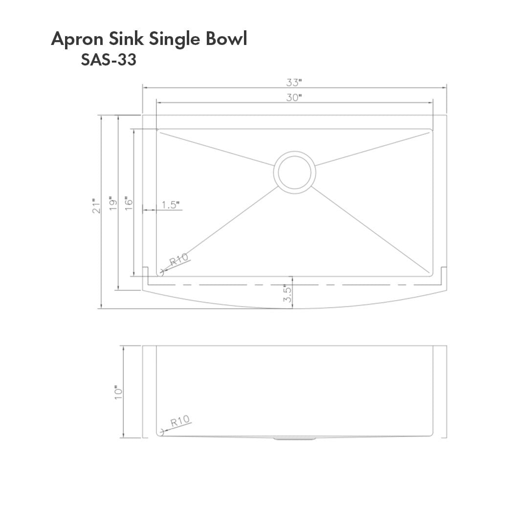 ZLINE Vail Farmhouse 33" Apron Mount Single Bowl Sink in Stainless Steel (SAS-33) dimensions illustration