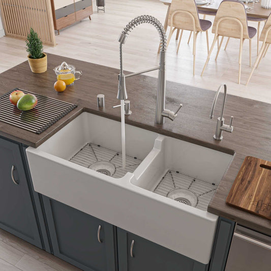 ALFI 36" White Smooth Apron Thick Wall Fireclay Double Bowl Farm Sink AB3618DB-W in a modern kitchen setting.