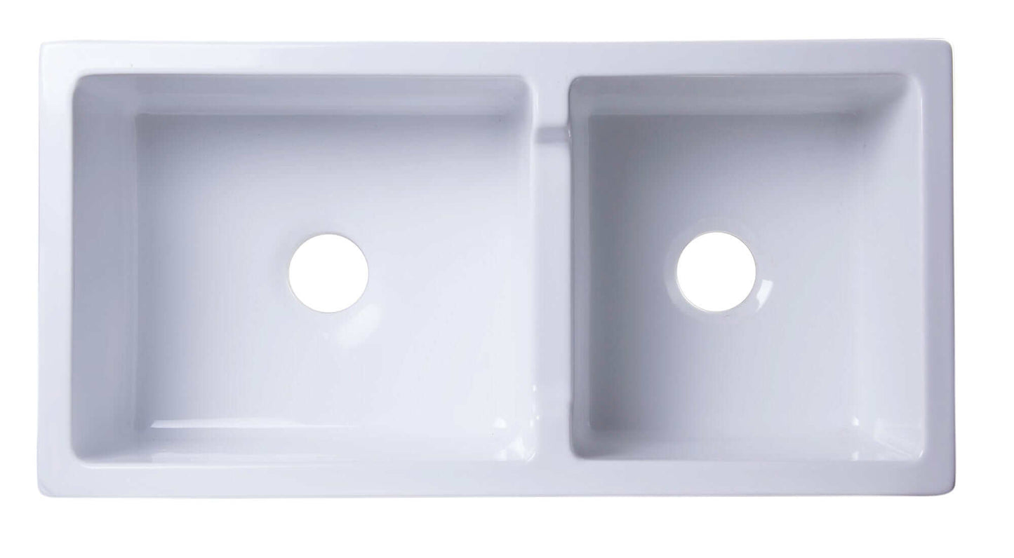 ALFI 36" White Arched Apron Thick Wall Fireclay Double Bowl Farm Sink AB3618ARCH-W with dual bowl configuration.
