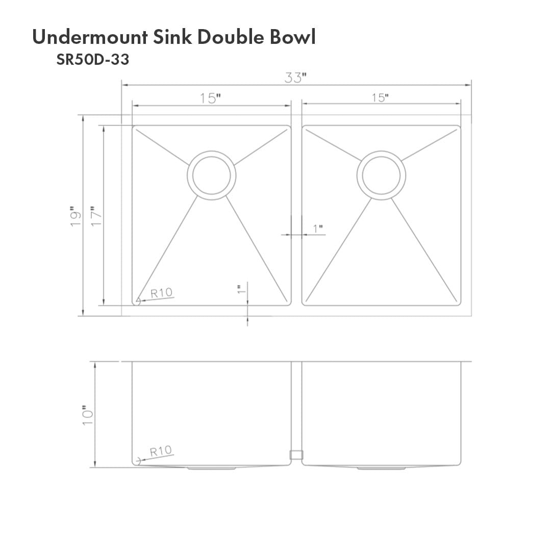 ZLINE Anton 33" Undermount Double Bowl Sink in Stainless Steel (SR50D-33) dimensions illustration