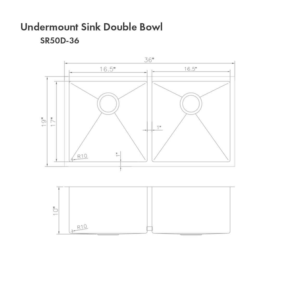 ZLINE Anton 36" Undermount Double Bowl Sink in Stainless Steel (SR50D-36) dimensions diagram