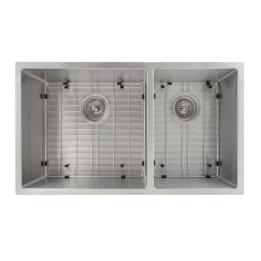 ZLINE Chamonix 33" Undermount Double Bowl Sink in Stainless Steel (SR60D-33) with dual basins and protective grids.
