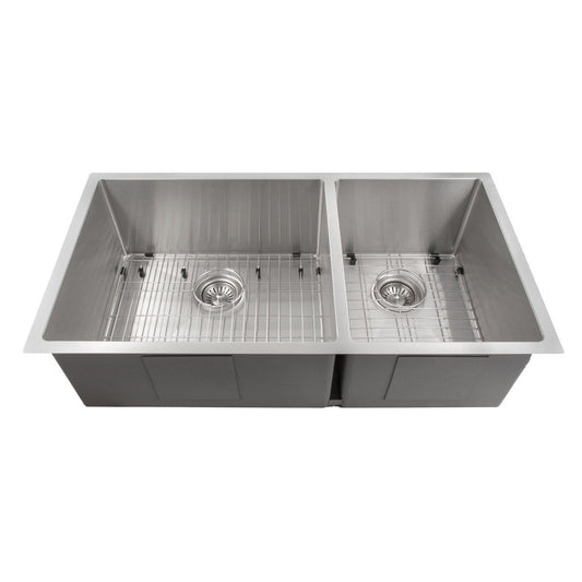 ZLINE Chamonix 36" Undermount Double Bowl Sink in Stainless Steel (SR60D-36) with dual-basin design and grid.