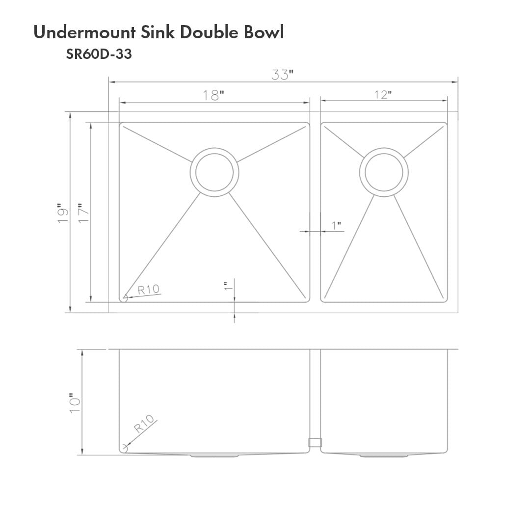 ZLINE Chamonix 33" Undermount Double Bowl Sink in Stainless Steel (SR60D-33) dimensions and specifications image.