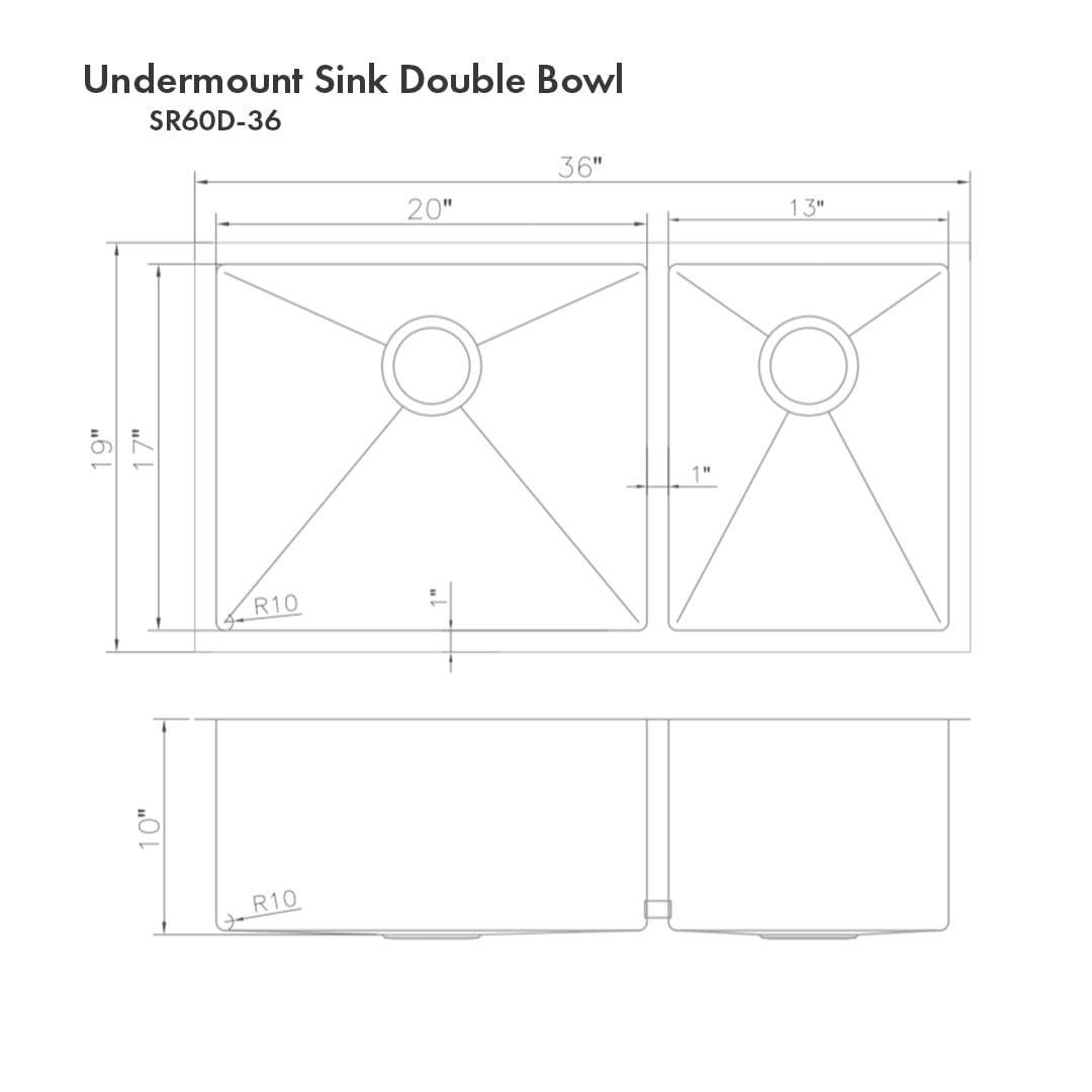 ZLINE Chamonix 36" Undermount Double Bowl Sink in Stainless Steel (SR60D-36) dimensions diagram for kitchen design.