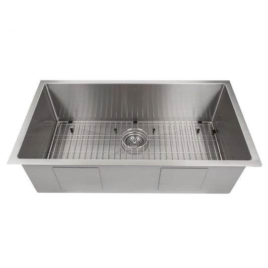 ZLINE Meribel 36" Undermount Single Bowl Sink in Stainless Steel (SRS-36) with grid and drain.