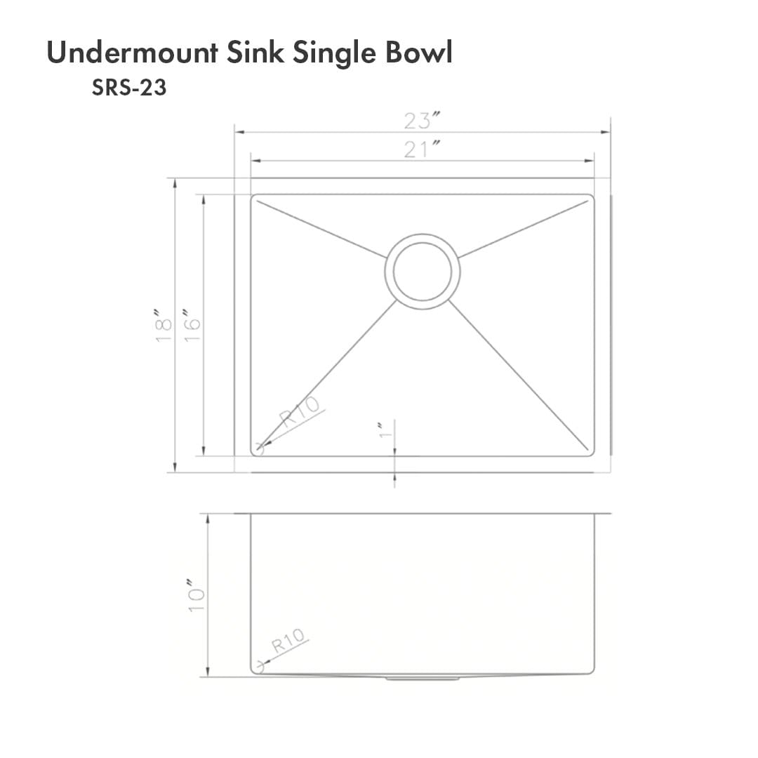 ZLINE Meribel 23" Undermount Single Bowl Sink in Stainless Steel (SRS-23) dimensions drawing