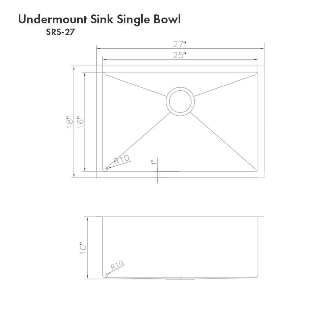 ZLINE Meribel 27" Undermount Single Bowl Sink in Stainless Steel (SRS-27) dimensions and design specifications.