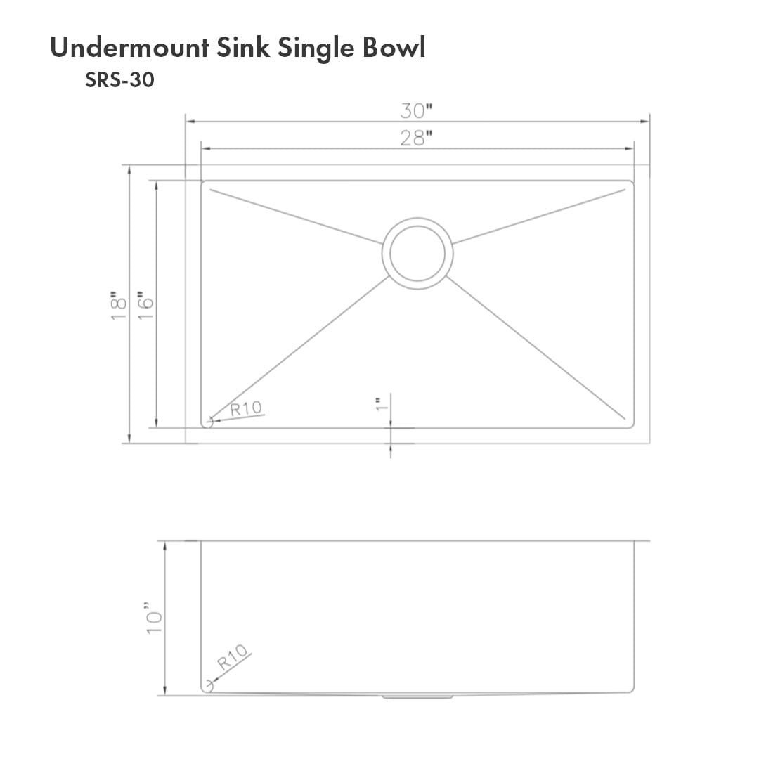 ZLINE Meribel 30" Undermount Single Bowl Sink in Stainless Steel (SRS-30) specifications and dimensions.