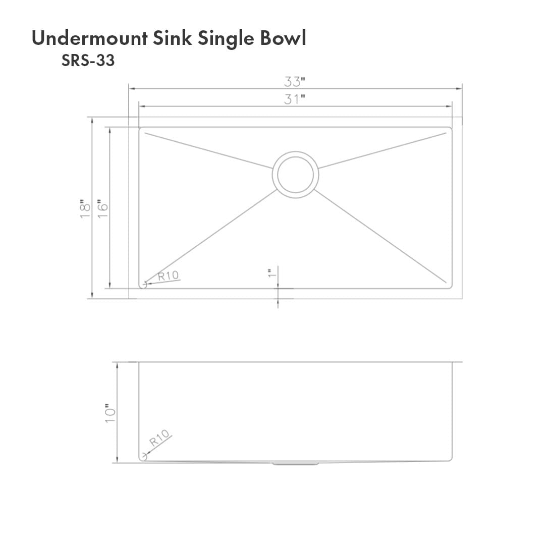 ZLINE Meribel 33" Undermount Single Bowl Sink in Stainless Steel (SRS-33) dimensions and specifications.