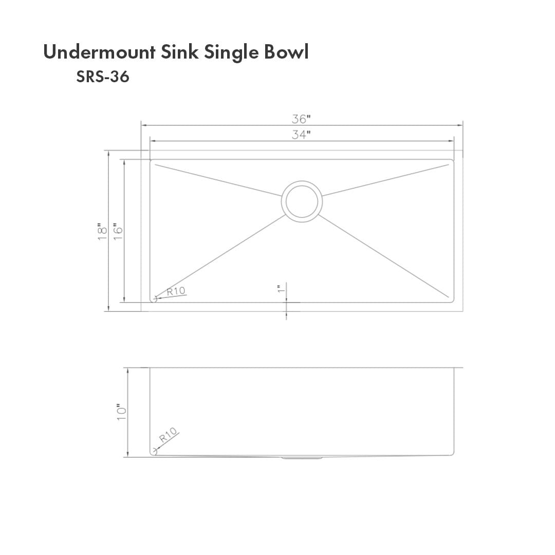 ZLINE Meribel 36" Undermount Single Bowl Sink in Stainless Steel (SRS-36) dimensions diagram showing measurements.