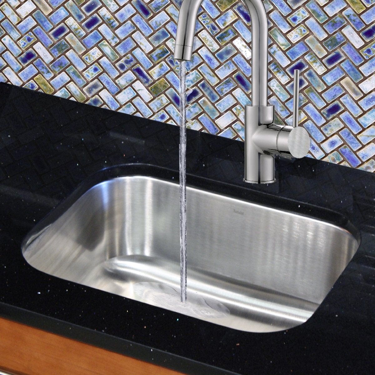 Nantucket 23" Small Rectangle Single Bowl Undermount Stainless Steel Kitchen Sink - NS09i-16 with water flowing from faucet