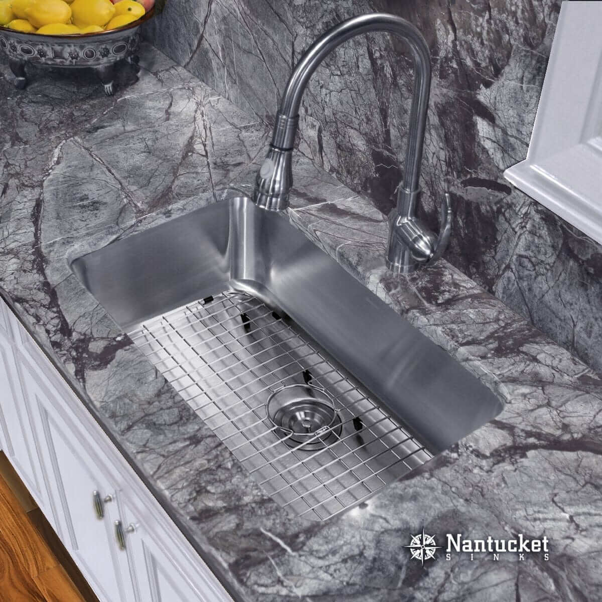 Nantucket 30" Large Rectangle Single Bowl Undermount Stainless Steel Kitchen Sink, 9 Inches Deep - NS3018-9-16 front view with faucet and grid