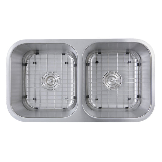 Nantucket 32.5" Double Bowl Equal Undermount Stainless Steel Kitchen Sink, 16 Gauge - NS10i-16 with bottom grids.