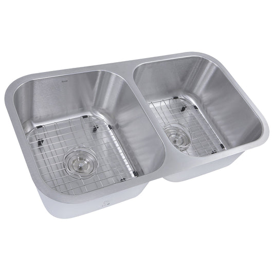 Nantucket 32.5" Double Bowl Equal Undermount Stainless Steel Kitchen Sink, 16 Gauge - NS10i-16 with bottom grids