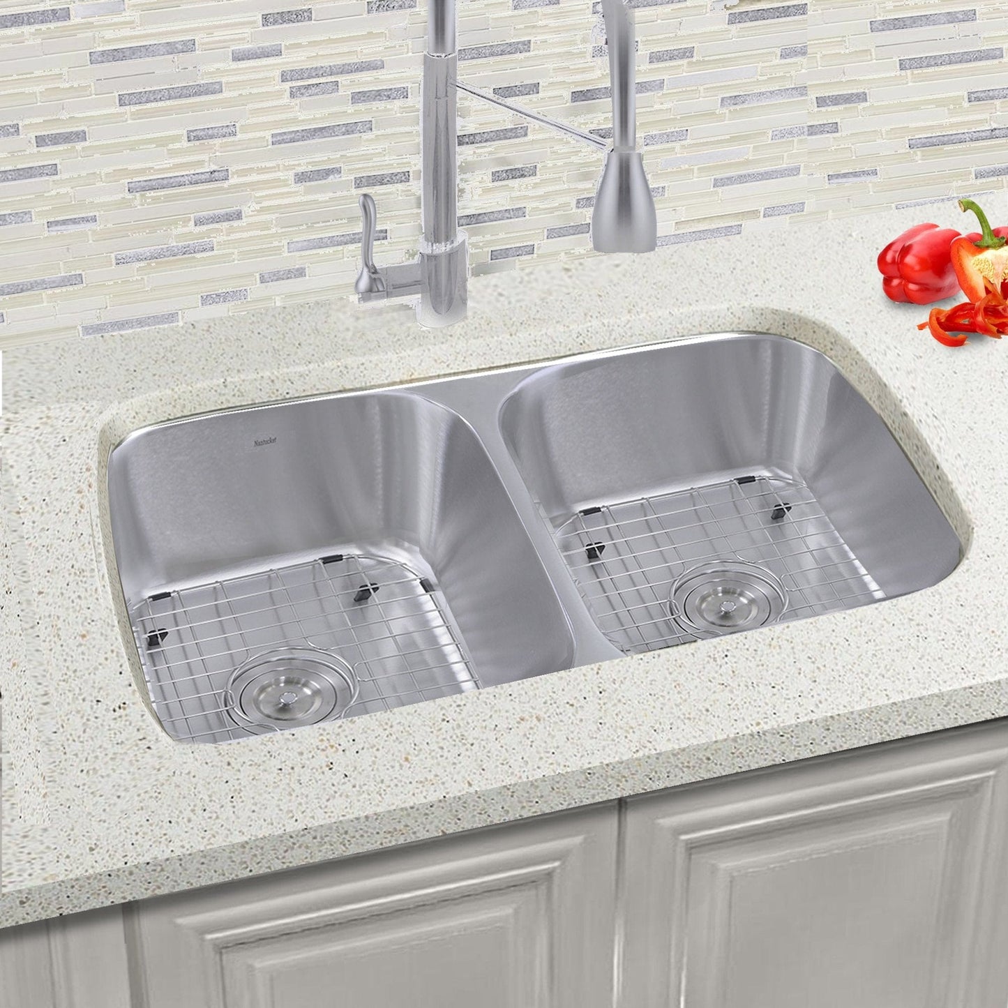 Nantucket 32.5" Double Bowl Equal Undermount Stainless Steel Kitchen Sink, 16 Gauge - NS10i-16 with bottom grids and fixtures.