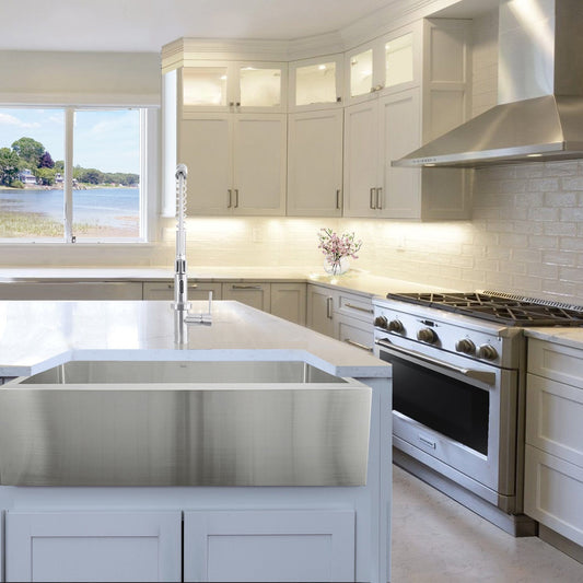 Nantucket 33" Pro Series Small Radius Farmhouse Apron Front Stainless Steel Sink - Apron332210-SR-16 showcased in a modern kitchen.