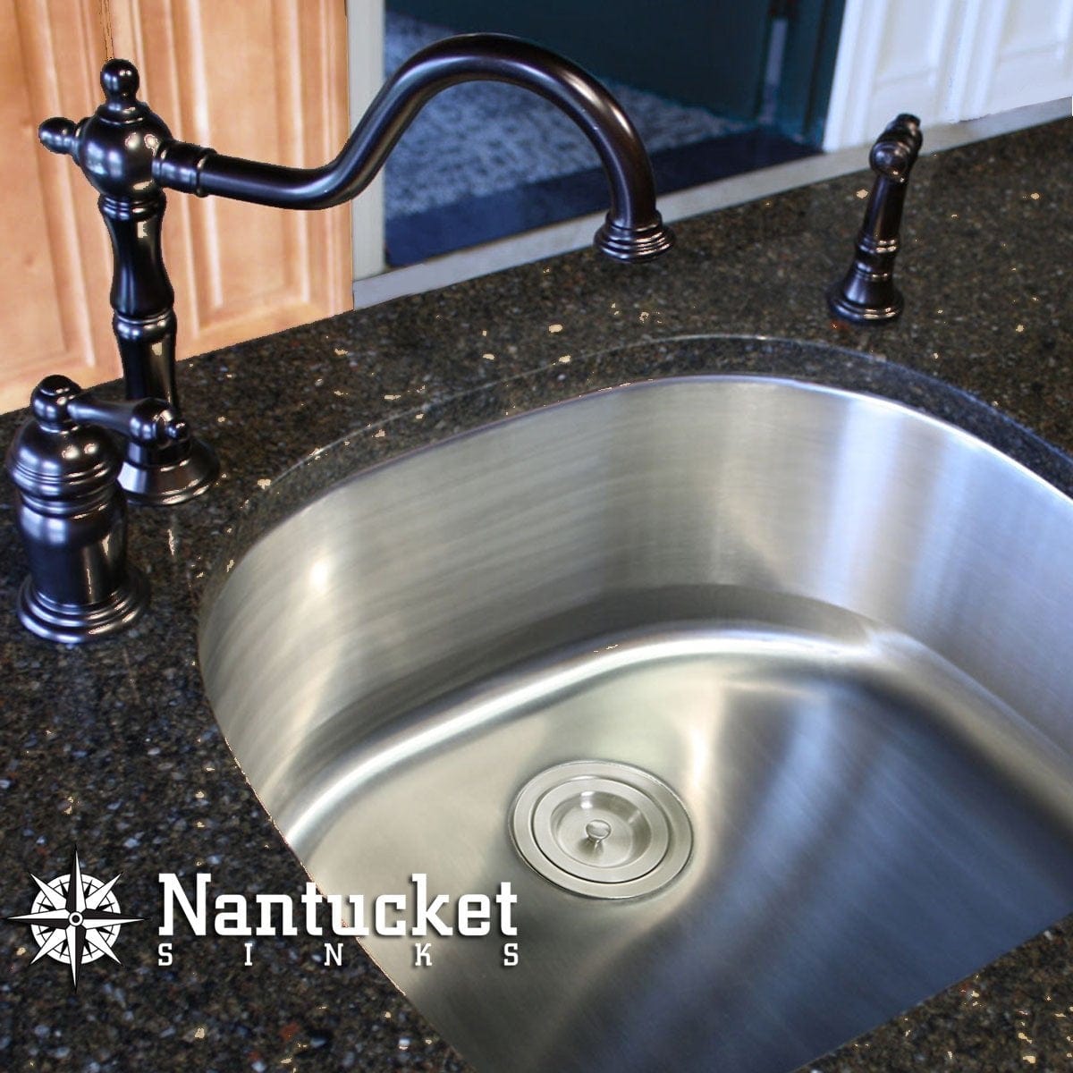 Nantucket Sconset 23" D-Bowl Undermount Stainless Steel Kitchen Sink, 16 Gauge - NS03i-16 with faucet on granite countertop.