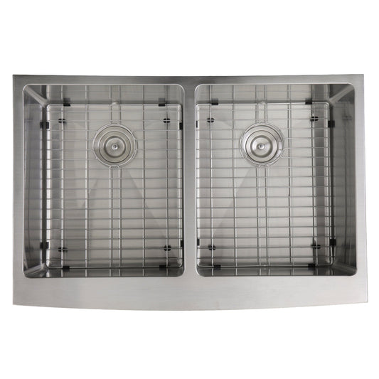 Nantucket 33" Double Bowl Farmhouse Apron Front Stainless Steel Kitchen Sink - APRON332210-DBL-SR, top view with dual basins and grid racks.