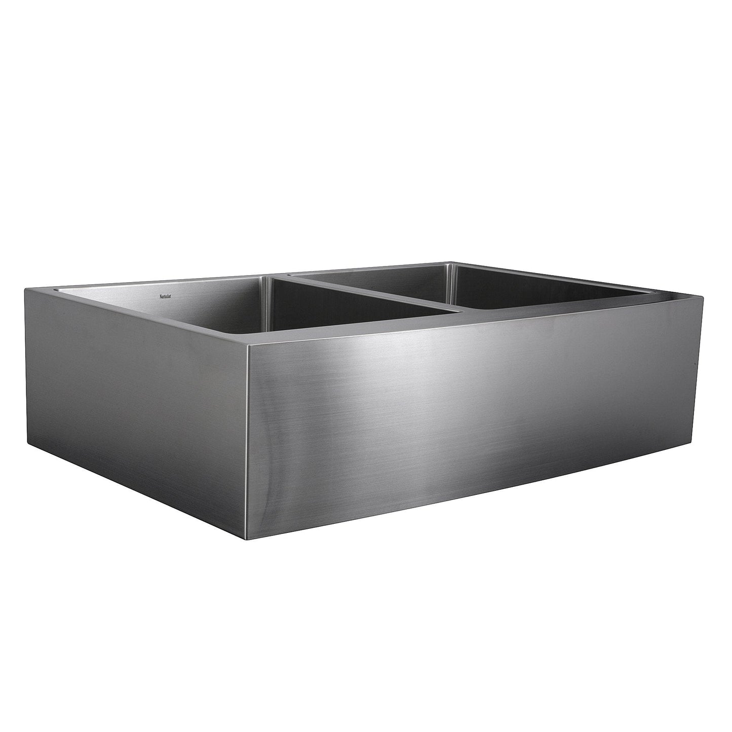 Nantucket 33" Double Bowl Farmhouse Apron Front Stainless Steel Kitchen Sink - APRON332210-DBL-SR angled view showcasing brushed surface.