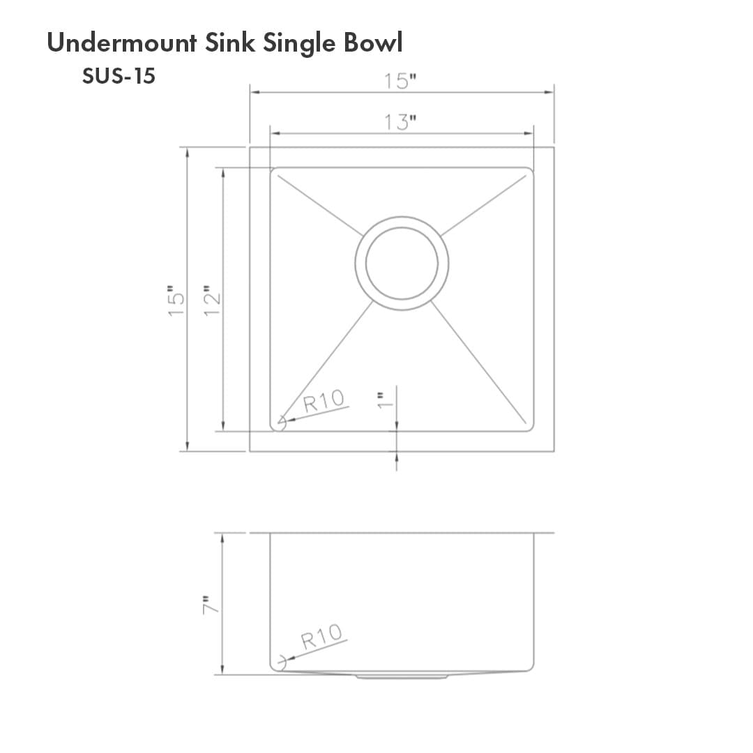 ZLINE Boreal 15" Undermount Single Bowl Bar Sink in Stainless Steel (SUS-15) dimensions and specifications diagram.