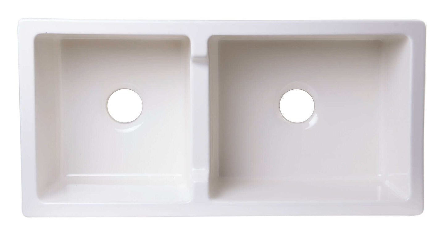 ALFI 36" Biscuit Smooth Apron Thick Wall Fireclay Double Bowl Farm Sink AB3618DB-B front view with dual basins.