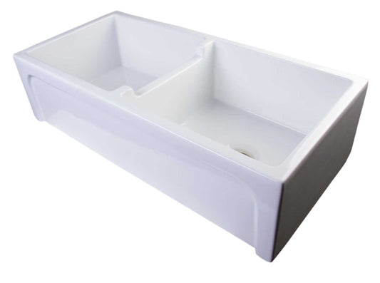 ALFI 39" Arched Thick Wall Fireclay Double Bowl Farm Sink AB3918ARCH-W in a sleek white finish