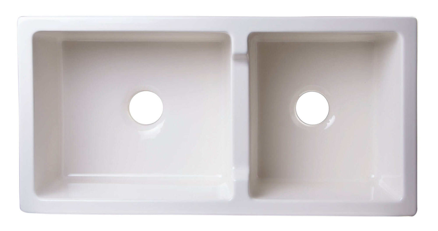 ALFI 36" Biscuit Arched Apron Thick Wall Fireclay Double Bowl Farm Sink AB3618ARCH-B from above showing dual bowls.