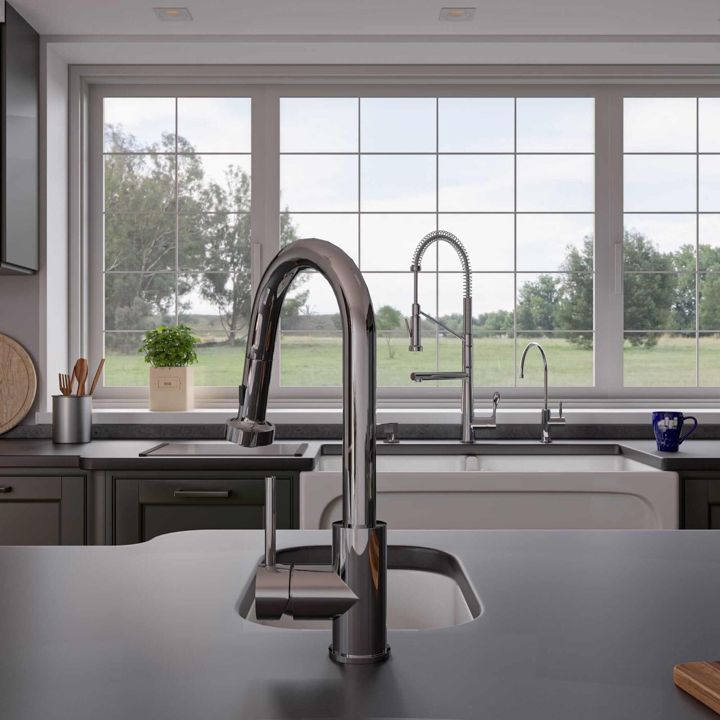ALFI 39" Arched Thick Wall Fireclay Double Bowl Farm Sink AB3918ARCH-W with modern faucet in stylish kitchen.