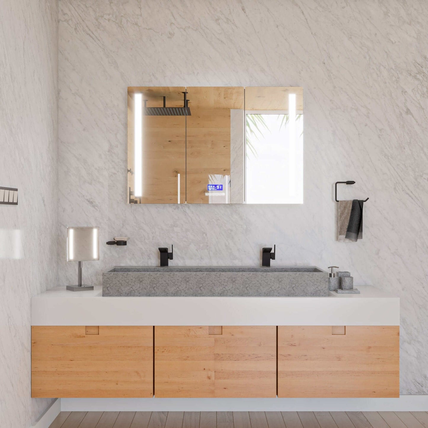 ALFI 48" Concrete Gray Matte Trough Bathroom Sink in a modern bathroom setting with wooden cabinetry.