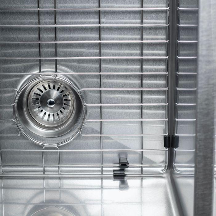 ZLINE Niseko Farmhouse 36" Apron Mount Double Bowl Sink in Satin Stainless Steel (SA50D-36S) interior view with drain.