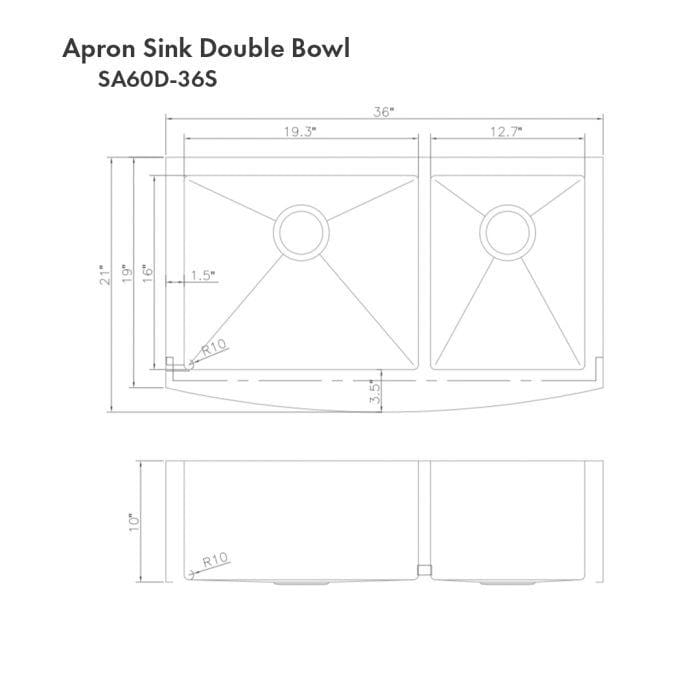 ZLINE Courchevel Farmhouse 36" Apron Mount Double Bowl Sink in Satin Stainless Steel (SA60D-36S) dimensions drawing.