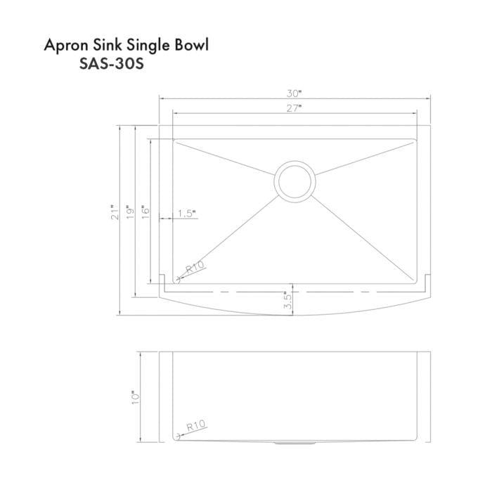 ZLINE Zermatt Farmhouse 30" Apron Mount Single Bowl Sink in Satin Stainless Steel (SAS-30S) dimensions diagram.