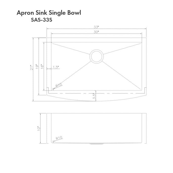 ZLINE Vail Farmhouse 33" Apron Mount Single Bowl Sink in Satin Stainless Steel (SAS-33S) dimensions and diagram.